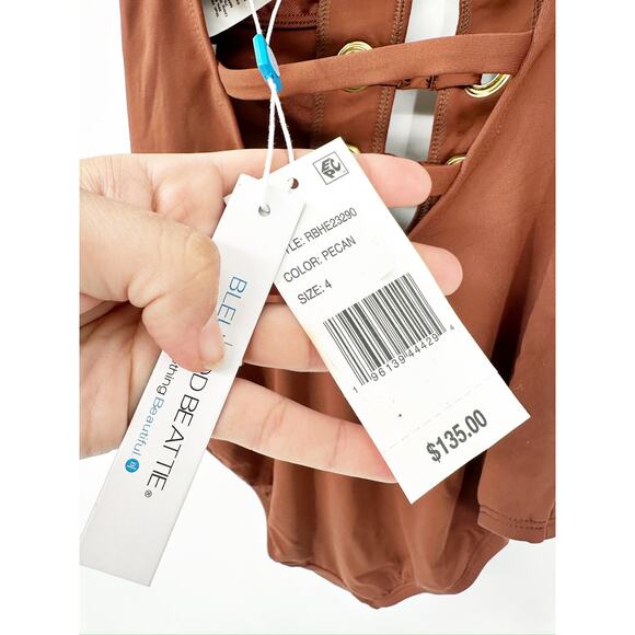 Bleu Rod Beattie Hole In One Plunge Strappy Lace Up Pecan One Piece Swimsuit NWT - Picture 5 of 8